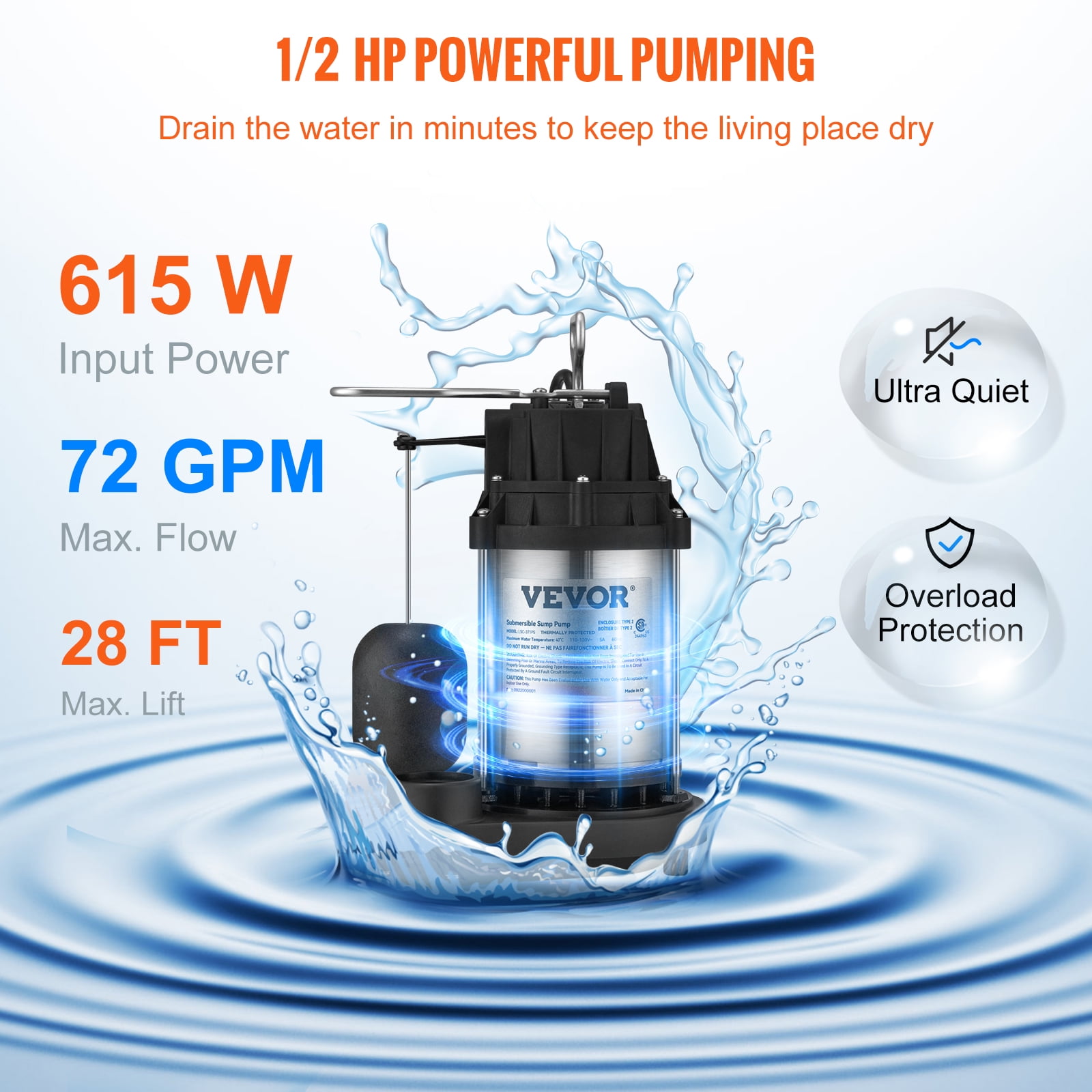 VEVOR 1/2 HP Submersible Sump Pump, 4320 GPH, Stainless Steel, Automatic Float Switch