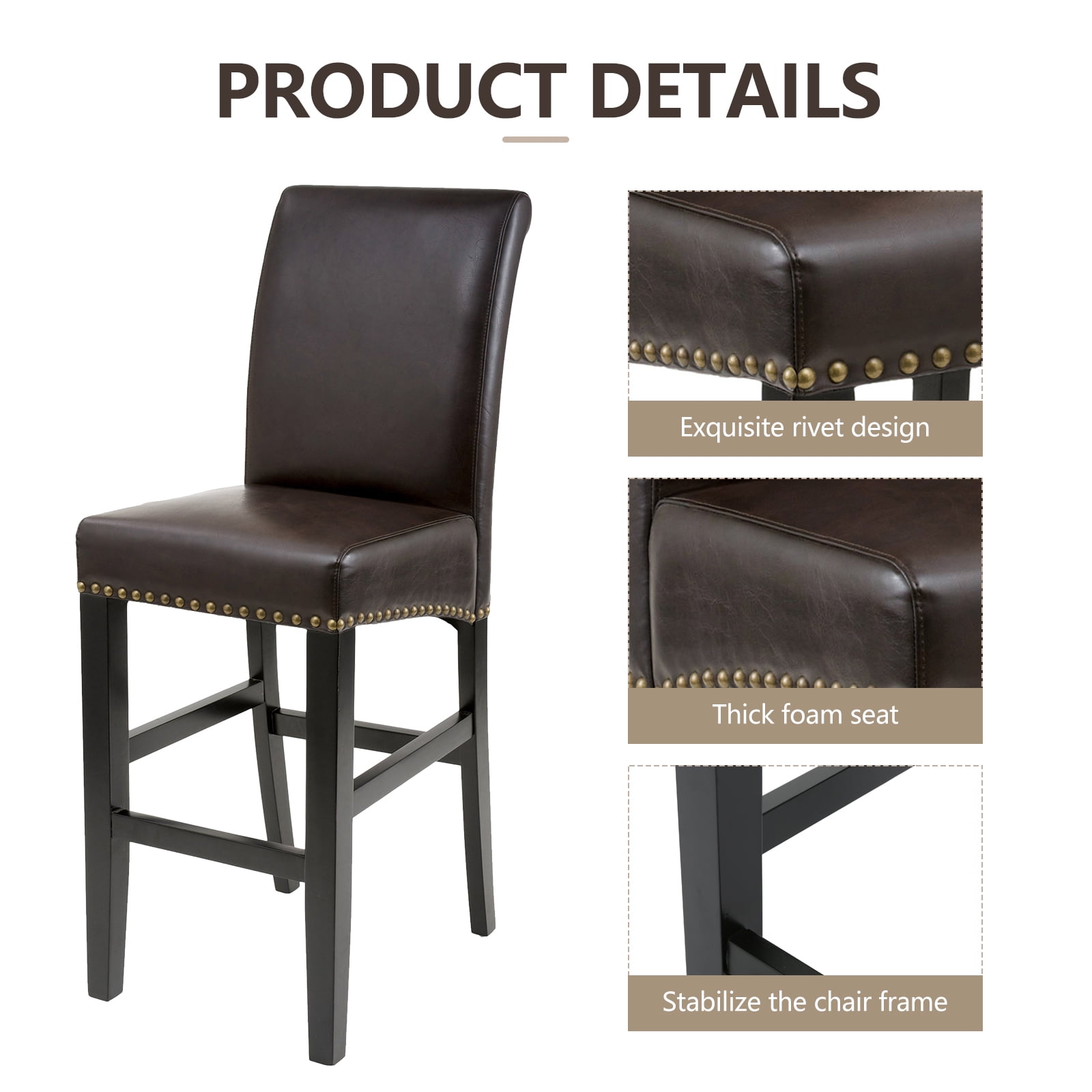 Kadyn Bar Counter Chairs Set of 2, Counter Height Bar Stools for Dining Room, Coffee Shop, Upholstered Kitchen Chair with Wood Legs, Brown
