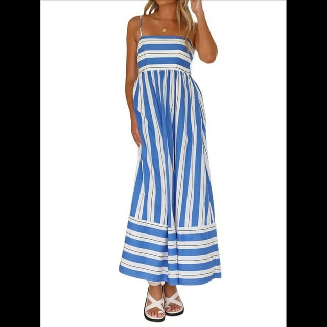Robe Maxi à Rayures pour Femmes avec Dos Smocké, Bretelles Spaghetti, Découpée, Fluide, Longue, Bleue