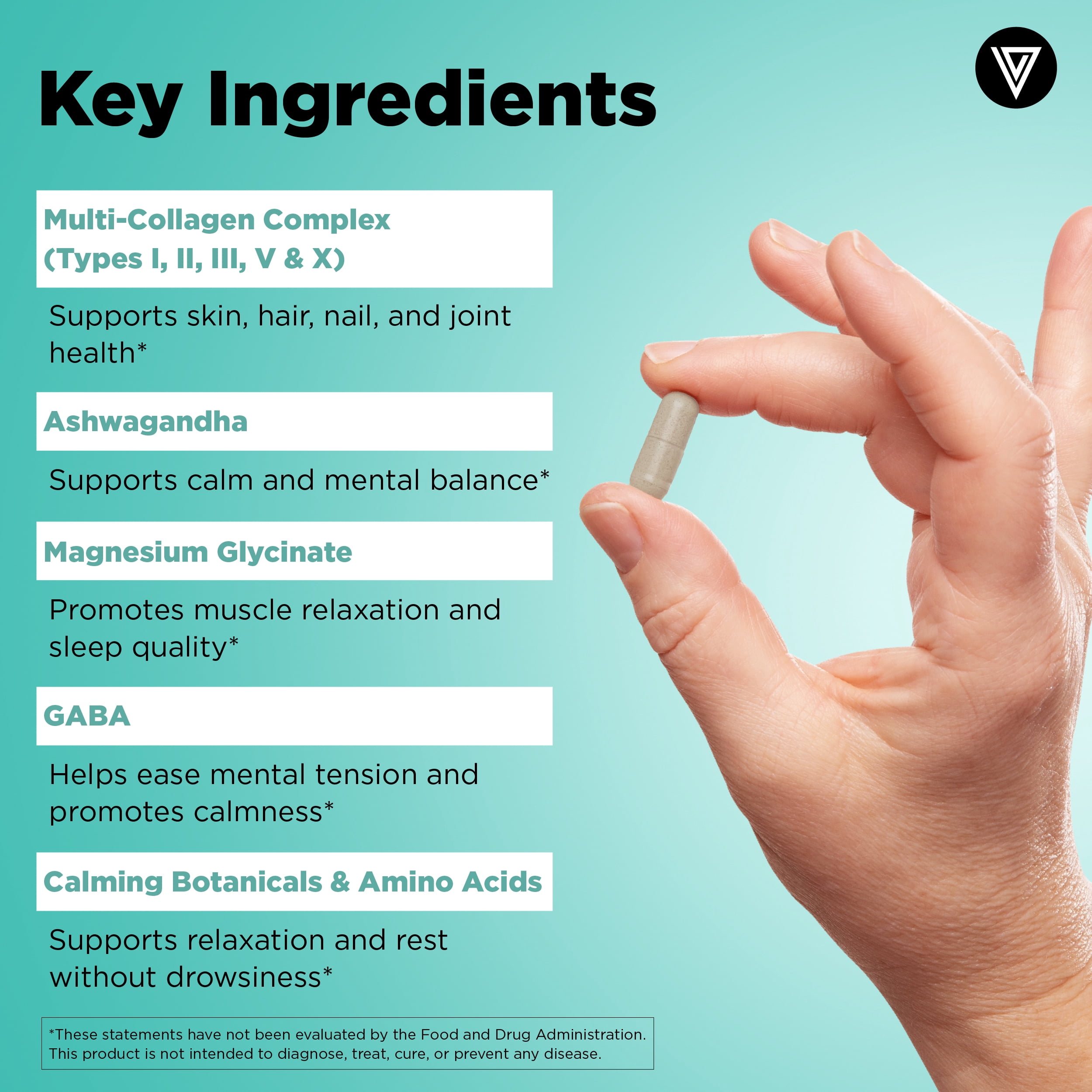 Vital Vitamins Multi Collagen Complex + Calm - 5 Collagen Types (I, II, III, V & X) for Skin, Hair, Nails & Joints - L-Theanine, Ashwagandha & Magnesium Glycinate - Melatonin-Free Relaxation - 90 Ct