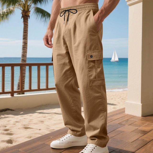 Leodye Men’s Solid Color Workwear Drawstring Multi-Pocket Casual Pants Comfortable Durable Cargo Pants Khaki S(S)