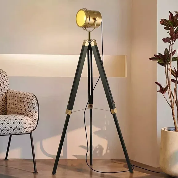 Nautical Industrial Spotlight Floor Lamp Tripod Stand Hollywood Brass Light