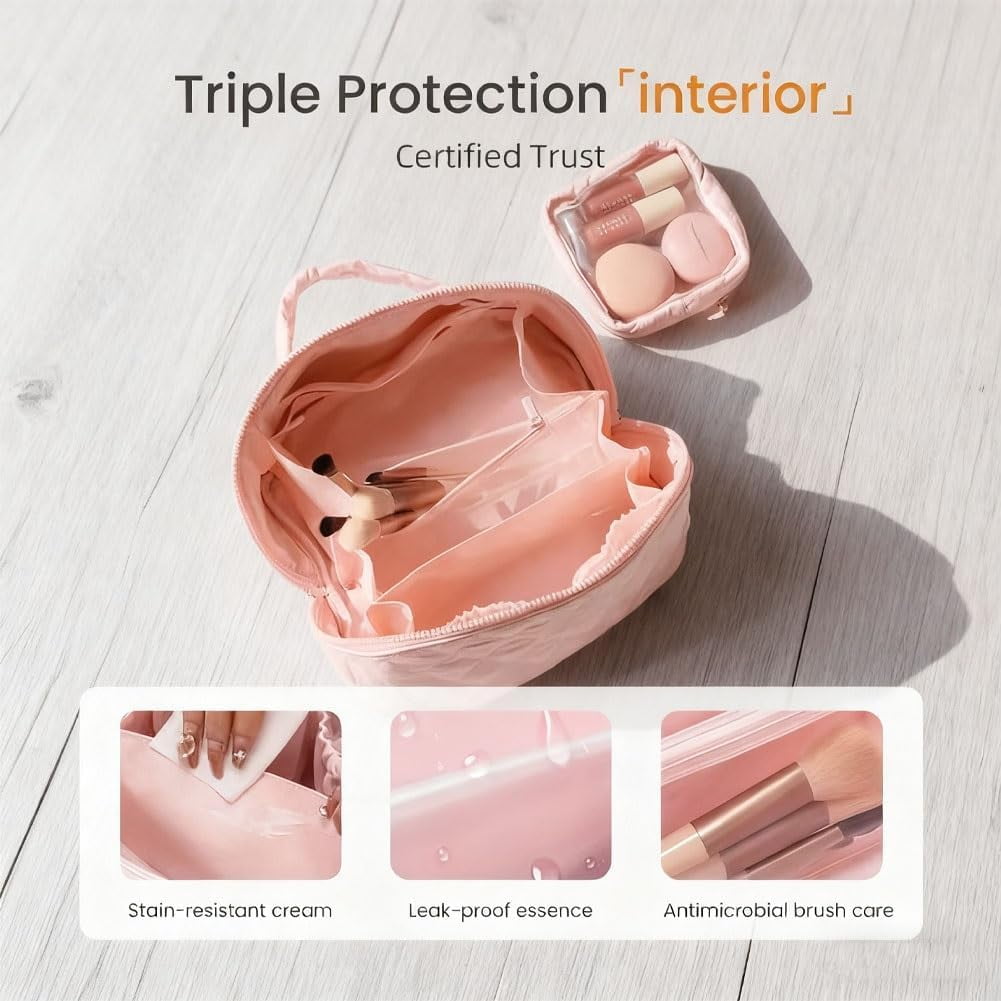 2026 New Travel Makeup Bag for Women - 180° Open with Mirror, 5 Dedicated Pockets, Leak-Proof Odor-Resistant Cosmetic Organizer for Travel & Daily Use