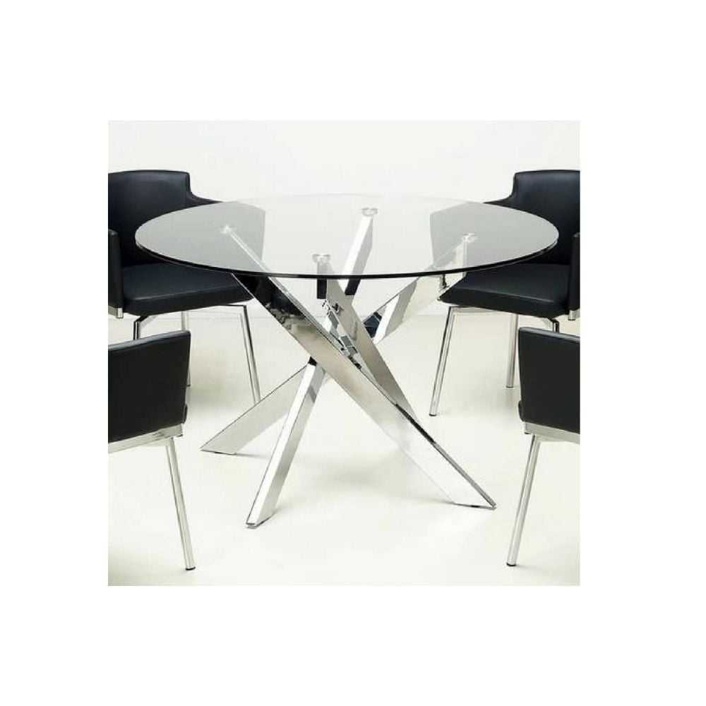 Diva Glass Star Table de salle à manger ronde de 91,4 cm avec plateau en verre trempé et base argentée – Dotée d'un design de base unique inspiré des étoiles, parfaitement dimensionnée pour 4 personne