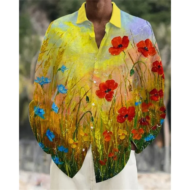 Camisa de solapa superior para hombre, tendencia de moda casual, patrón de flores creativo de alta definición, tela suave y cómoda de alta calidad 2024