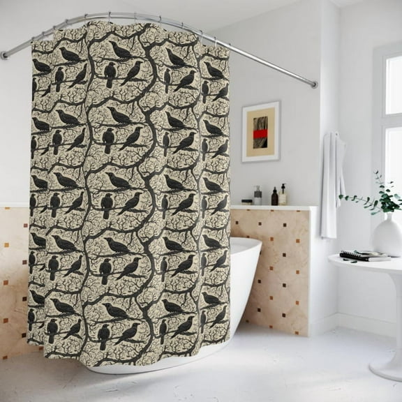 Dark Academia Raven Shower Curtain, Vintage Woodcut Pattern, Gothic Bird Lover Bathroom Decor, Halloween, Witchy Folk Art Bath Curtain 66x72in