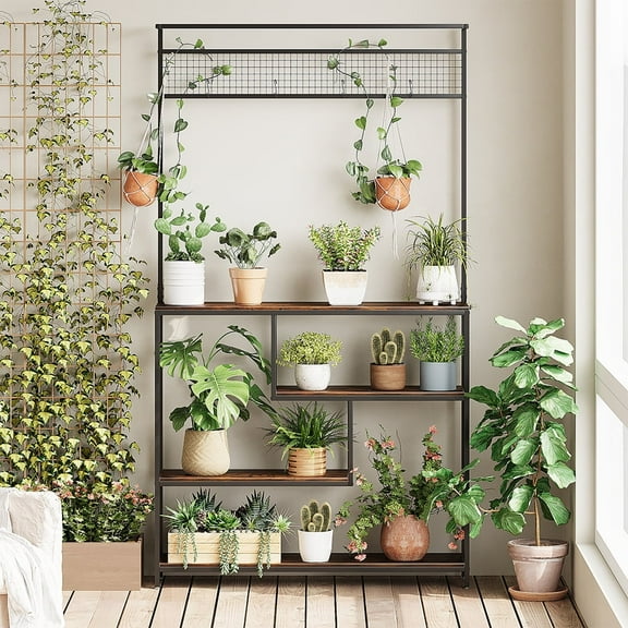 ALISENED Tall Plant Stand Indoor with Grow Lights, 4 Tiered Large Plant Shelf, Corner Metal Display Rack, Square Lighted Flower Holder for Living Room,Brown