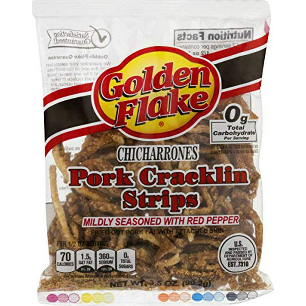 Golden Flake Fried Pork Cracklin Strips Mildly Seasoned with Red Pepper
