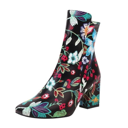 

ZMHEGW Womens Boots Autumn Winter Elegnt Embroidered Printing Retro Thick Heel Round Toe Zipper Comfortnot To Wear Feet In The Boots Shoes