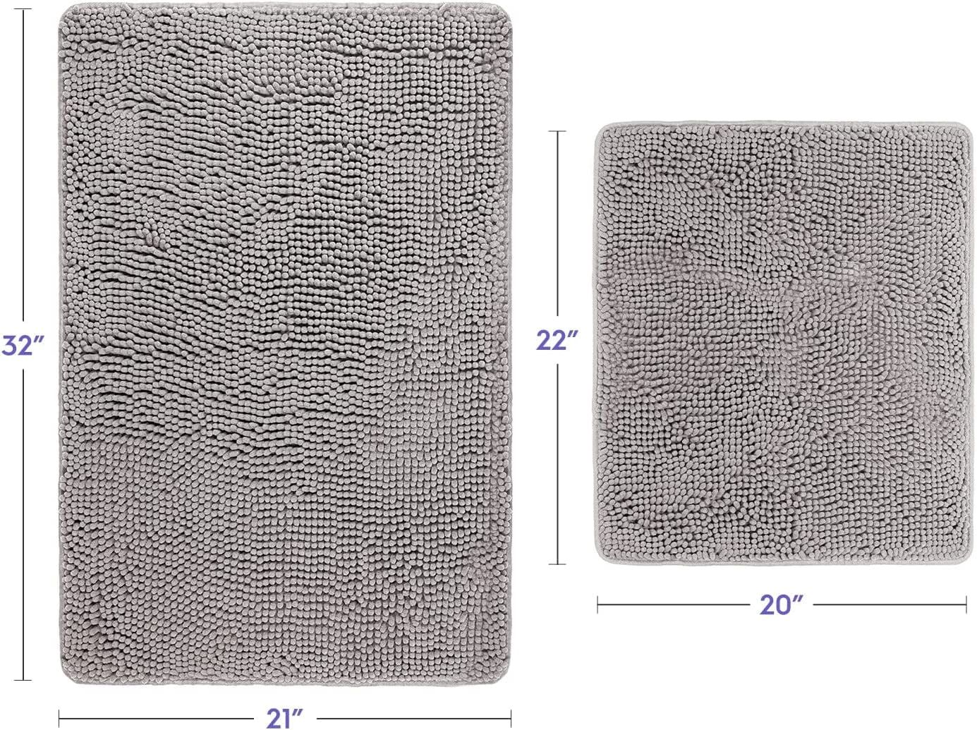 Bathroom Rugs, Extra-Thick Memory Foam Bath Mat, Ultra-Soft Chenille Microfiber, Highly Absorbent, Machine Washable, Shaggy Bath Mats for Bathroom, Non-Slip (21x32 + 20x22, 2pcs) Lt Grey
