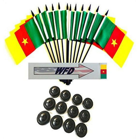 Pack of 12 4"x6" Cameroon Polyester Miniature Office Desk & Little Table Flags, 1 Dozen 4"x 6" Cameroon Small Mini Handheld Waving Stick Flags with 12 Flag Bases (Flags with Stands)