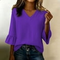 thumbnail image 2 of ClodeEU Women's V Neck 3/4 Flare Sleeve Blouse,Casual Solid Color Ruffle Cuff Top Purple,Women's Plus S, 2 of 8