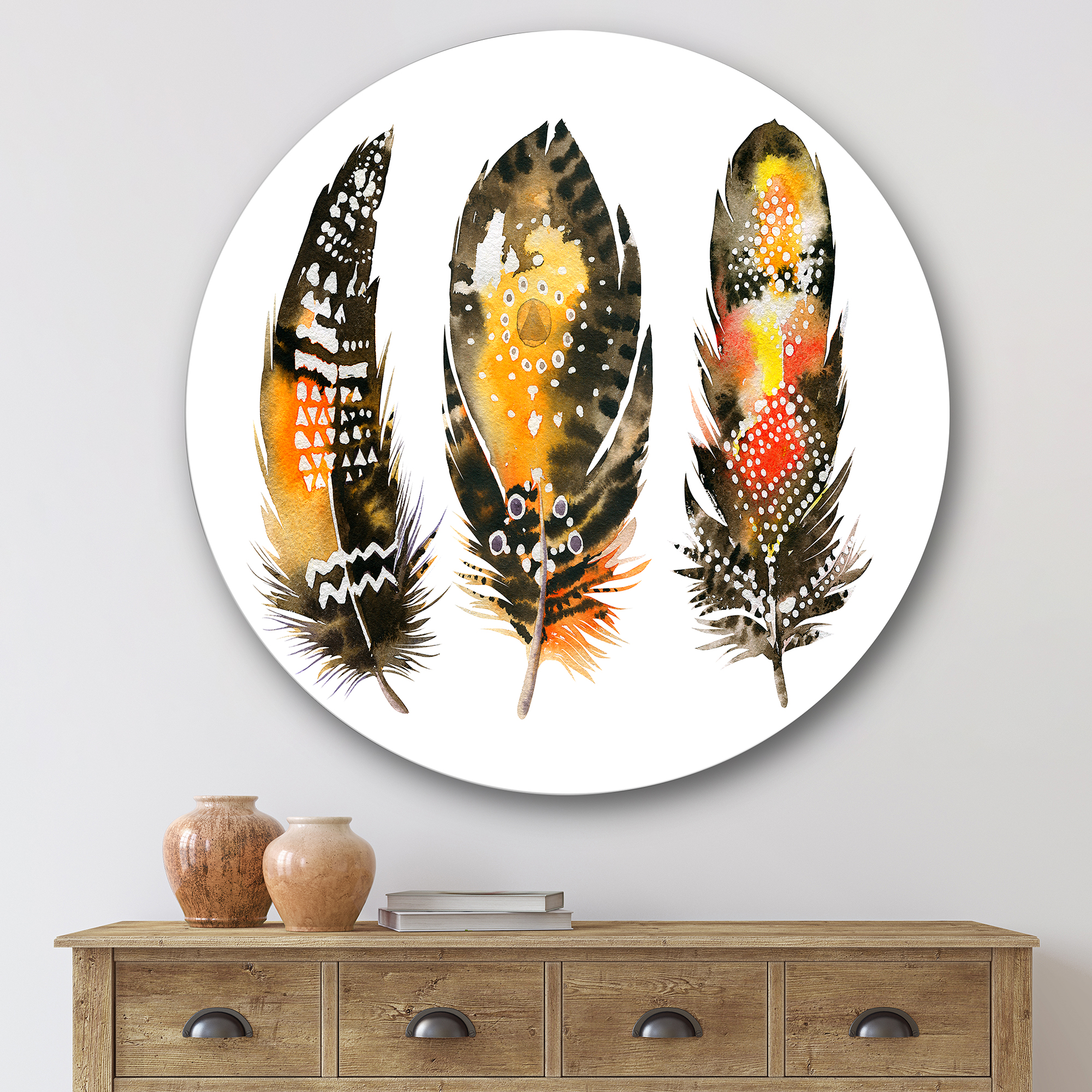 Designart 'Ethnic Boho Art Orange Feathers' Bohemian & Eclectic Circle Metal Wall Art 36x36 - Disc of 36