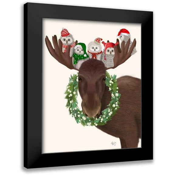 Fab Funky 12x14 Black Modern Framed Museum Art Print Titled - Christmas Moose and Christmas Owls