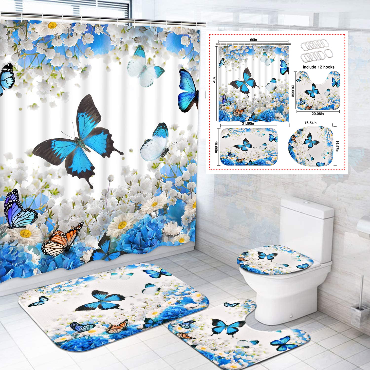 Blue Butterfly and Red Butterfly Shower Curtain Bathroom Decor Fabric & 12hooks 