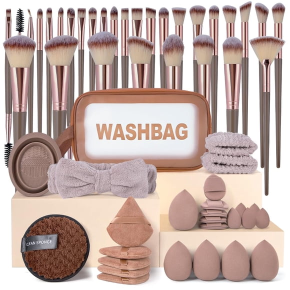 Lukovee Set de Brochas para Maquillaje Profesional, 56 Piezas Brochas de Maquillaje Kabuki Sint&eacute;tico Premium con Esponjas y Neceser, Brochas de Base Multifuncional para Maquillar Ojos Mejil