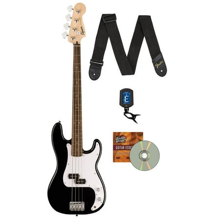 Fender Squier Sonic Precision Bass Guitar, Laurel Fingerboard - Black Bundle with Tuner, Strap, and Austin Bazaar Instructional DVD
