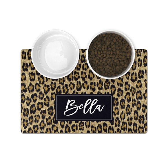 The Navy Knot Personalized Pet Mat - Waterproof & Non-Slip Pet Food Mat with Edges - Cats & Dogs Feeding Mats - Petfood, Water, Dish Bowls Pad - Gifts for Dog & Cat (12x18, Leopard Print)