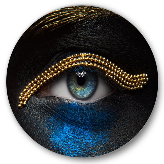 Designart 'Girl Eyes With Gold Chain and Blue Pigment' Modern Circle Metal Wall Art 36x36 - Disc of 36