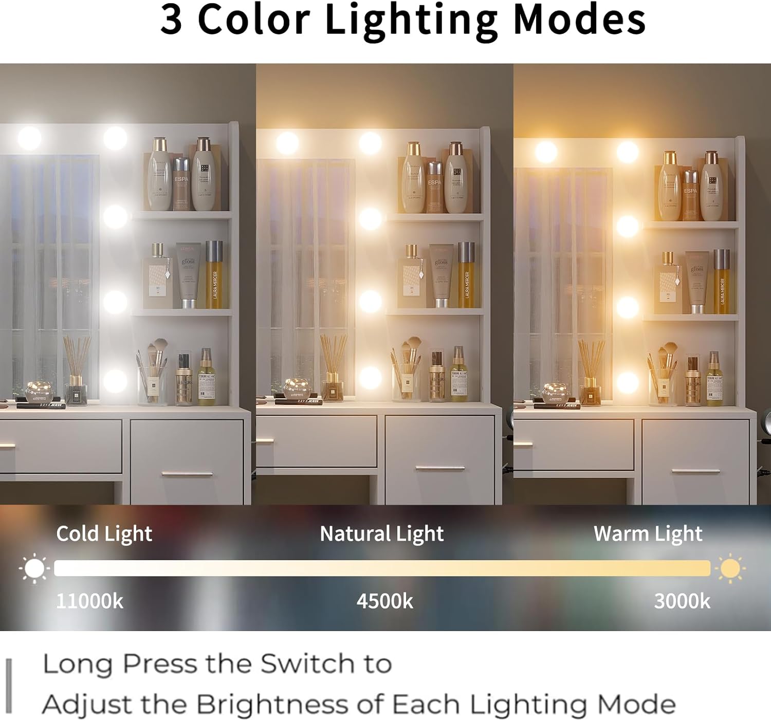 Makeup Vanity Desk with Lights and Mirror ,Dressing Table with 7 Drawers, Power Outlets, 3 Light Modes for Bedroom, White