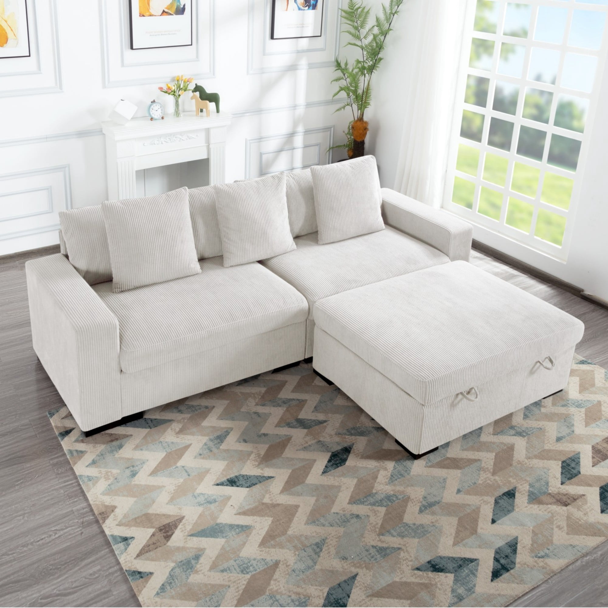 Gewnee 103.5-Inch Modular Corduroy Sofa Set with Solid Wood Legs, High-Density Foam, Suitable for Living Room/Bedroom/Office