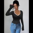 thumbnail image 4 of Camisetas Ajustadas con Cuello en Forma de Corazón para Mujer, Tops de Punto Acanalado con Mangas Largas Acampanadas Negro M, 4 of 7