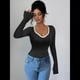 thumbnail image 4 of Camisetas Ajustadas con Cuello en Forma de Corazón para Mujer, Tops de Punto Acanalado con Mangas Largas Acampanadas Negro S, 4 of 7