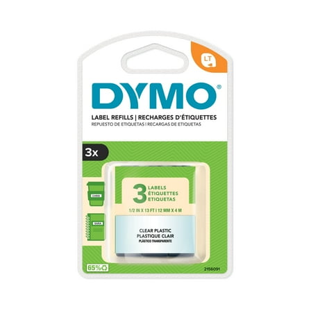 DYMO LT Labeling Tape for LetraTag Label Makers, Black Print on Clear, 1/2" x 13-Foot Rolls, 3 Count