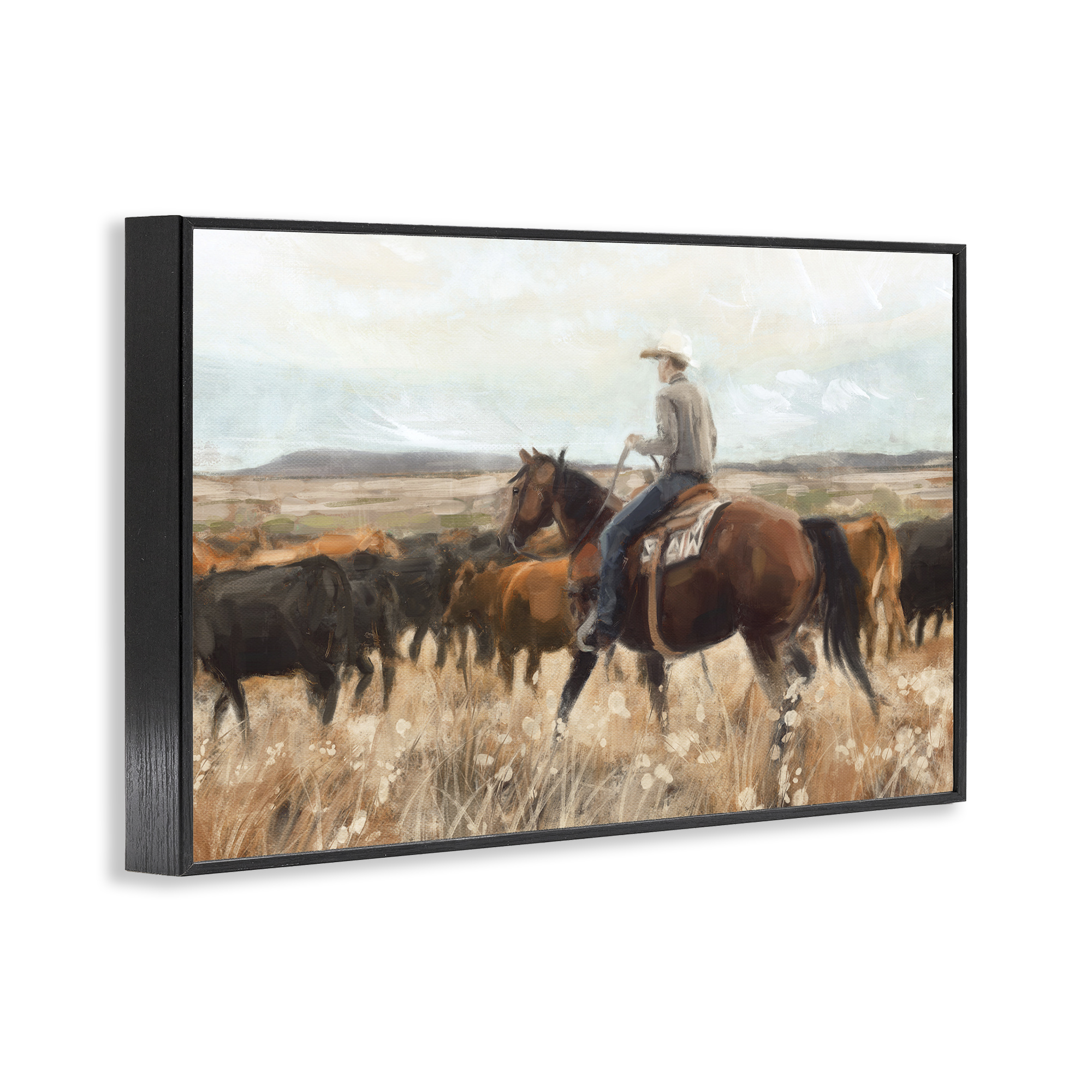 Stupell Industries Cowboy Rounding Cattle Landscape Painting Black Framed Art Print Wall Art, 24 x 16