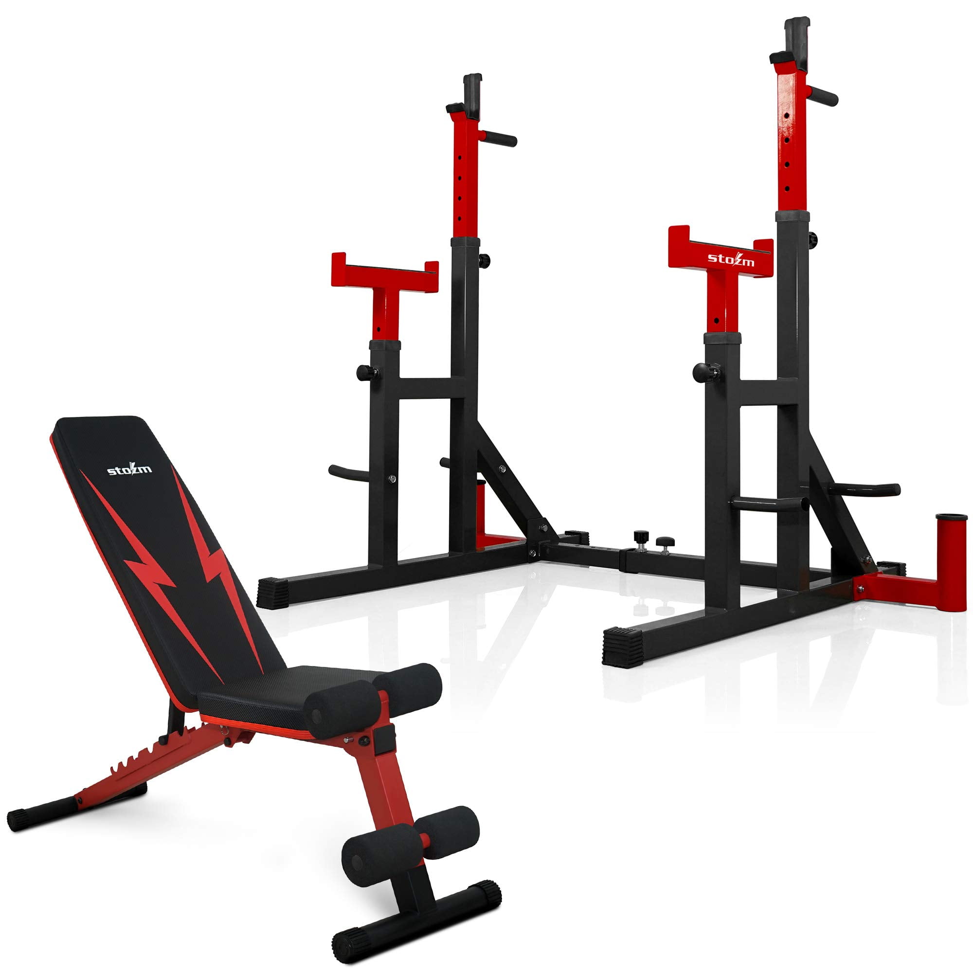 14-Gauge Steel Frame STOZM Combo Barbell Rack & Adjustable Weight Bench with Foldable Design for Weight Lifting & Full Body Workout Red/Crimson 