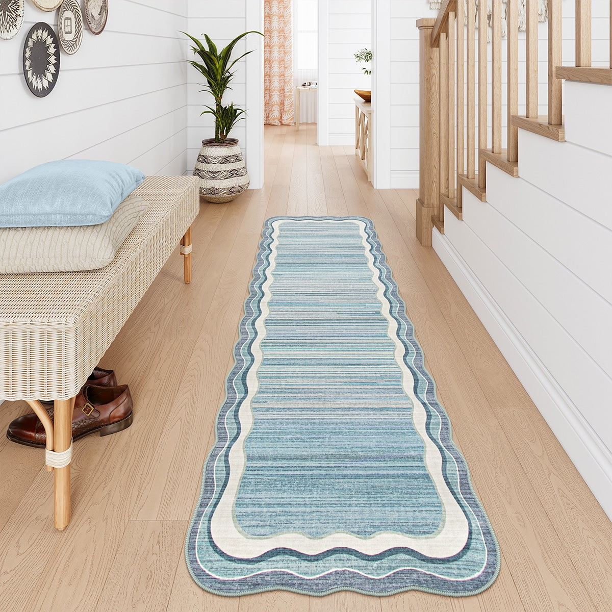Wonnitar 2.6'x8' Scalloped Striped Hallway Runner Rug, Washable Kitchen Runner Rug, Soft Low Pile Blue Indoor Accent Rug for Entryway, Bathroom, Bedroom, Laundry
