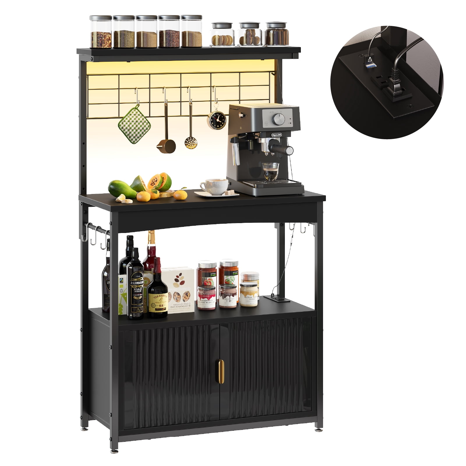 Bestier Bakers Rack with Power Outlet, Height-Adjustable 45" to 55" Kitchen Microwave Stand with Sstorage Cabinet, Coffee Bar Cabinet with LED Light, Kitchen Stand with 10 S-Hooks (Black)