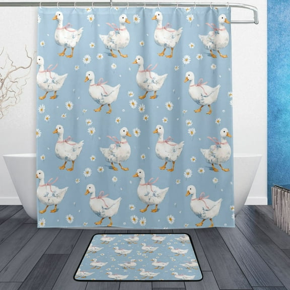 Bathroom Sets Curtain and Rug Sets 23.6x15.7 in Non-Slip Mat and 60x72 in Shower Curtain for Home Bath Dcor Small Geese and Daisies