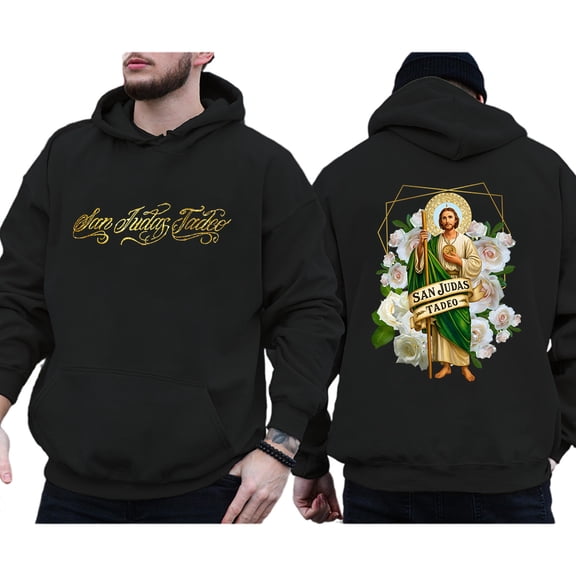 San Judas Tadeo White Roses Double Sided Hoodie – Saint Jude Graphic Hoodie, Mexican Catholic Faith Hoodie, Religious Gift for Men and Women, Virgen de Guadalupe Style Pullover