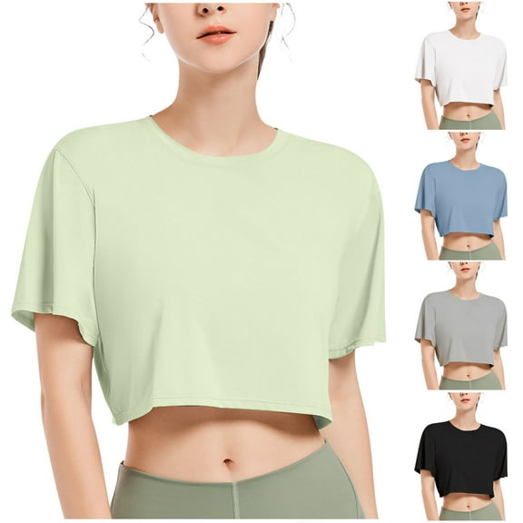 Htigea Workout Crop Tops for Women Loose Fi Breathable Yoga T Shirts Running Athletic Cropped Workout Tops Black,L