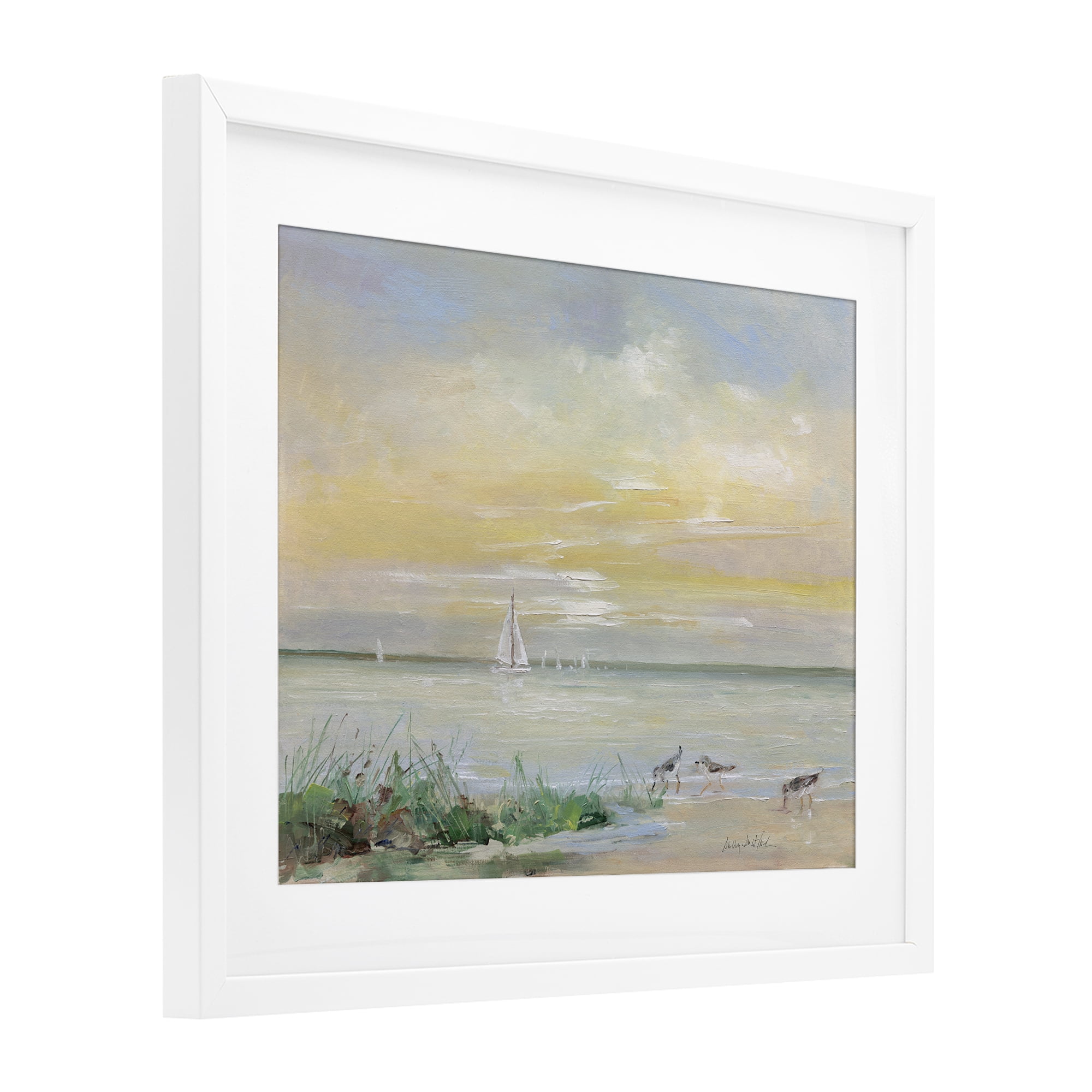 Stupell Industries Sailboats & Sanderlings Shore White Framed Print Under Glass, design by Sally Swatland