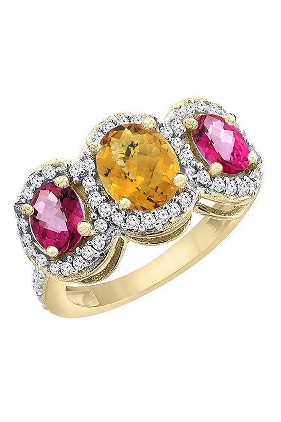 14K Yellow Gold Natural Whisky Quartz & Pink Topaz 3-Stone Ring Oval Diamond Accent, size 6
