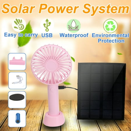 5W Solar Panel Fan Low Energy Consumption Mini Handheld Fan Rechargeable Fan Ventilator with USB Power and Data Line and Battery for Home Outdoor Office Camping Hiking