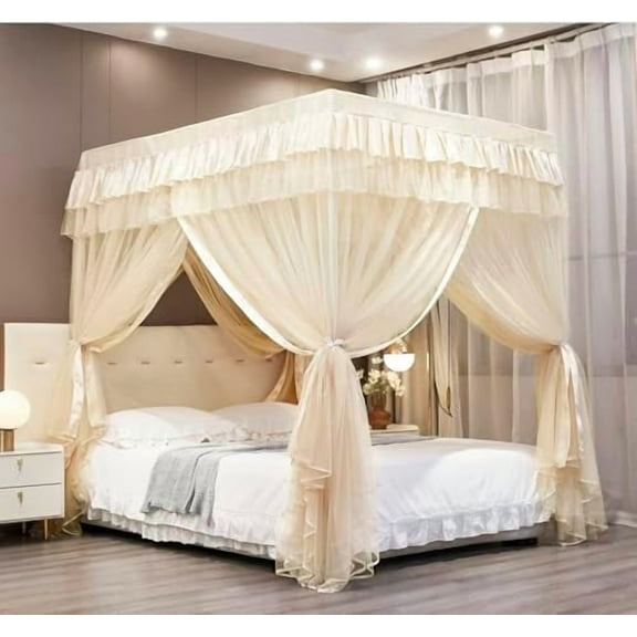 Canopy Bed Curtains Full Sizes,Bed Canopy for Girls Royal Luxurious Cozy Bed Drapes Girls Room Decor(Ivory,Full)