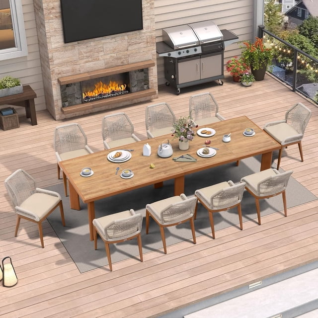 PURPLE LEAF 11 Pieces Modern Patio Dining Set, Rectangular Aluminum Outdoor Table and 10 All-Weather PE Rattan Chairs Set for Kitchen Porch and Garden, Deep Teak