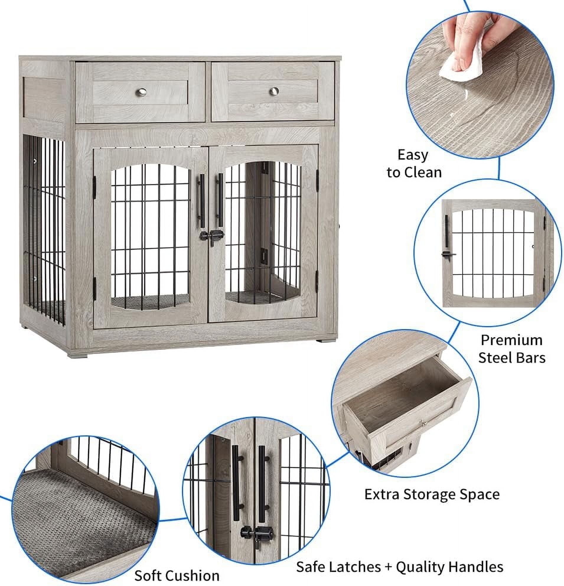 Garvee 3-Doors Dog Crate Furniture, 31.5"L Medium Wooden Dog Kennel with 2 Storage Drawers & Cushion, Gray