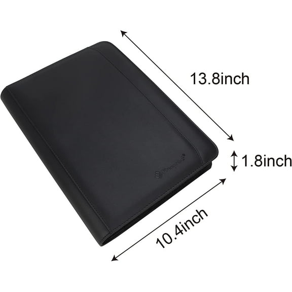 Business Portfolio with Zipper 3 Ring Binder Organizer - PU Leather Folder Padfolio Document Organizer with Solar Calculator, Writing Pad