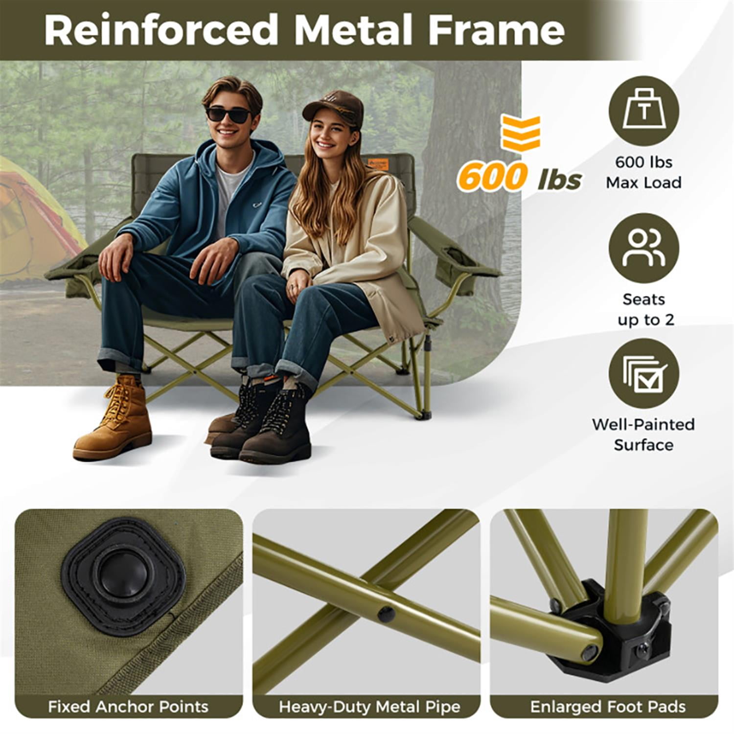 Demi Bonn Outdoor Oversized Camping Chair with Cup Holders and Thick Padding, Folding Loveseat Camping Couch for Yard, Garden, Patio, Green