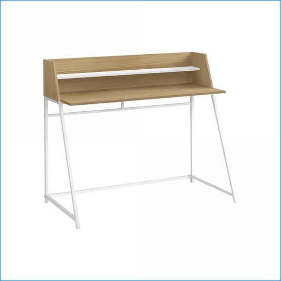 Desks for Home Office, 48” L Contemporary Modern Computer Desk with Storage Hutch, Natural Laminate Top White Metal Base | Particle Board | Natural