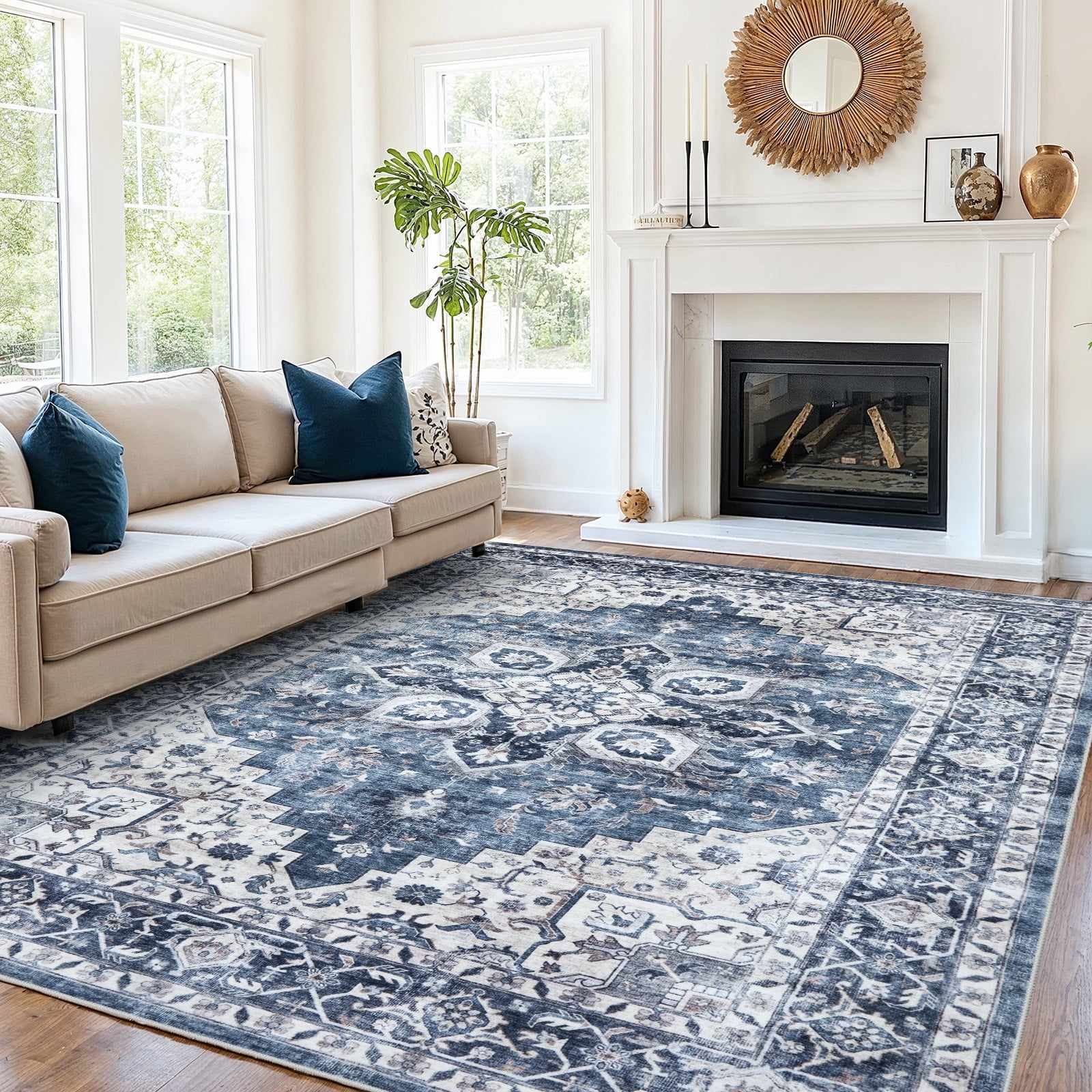CHITOOMA 8'x10' Area Rugs for Living Room, Machine Washable Rugs Vintage Area Rug for Bedroom Dining Room Dorm Office with Non-Slip Backing, Stain Resistant Non-Shed Carpet
