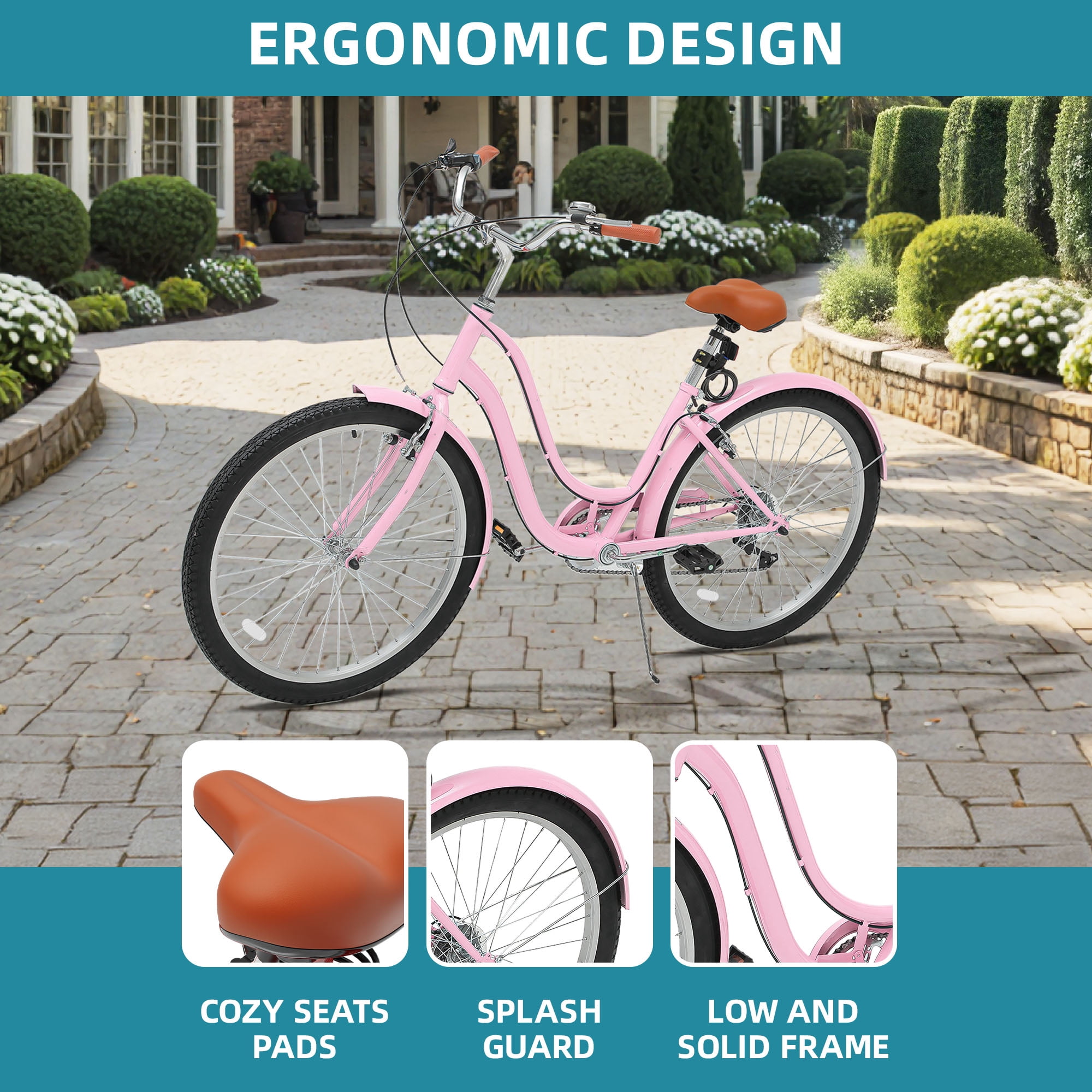 Uforic 24 Inch Beach Cruiser Bike, 7 Speed Commute Bike, Step-Through Bicycle for Adult Women & Men, Steel Frame Cruiser Bike, Pink