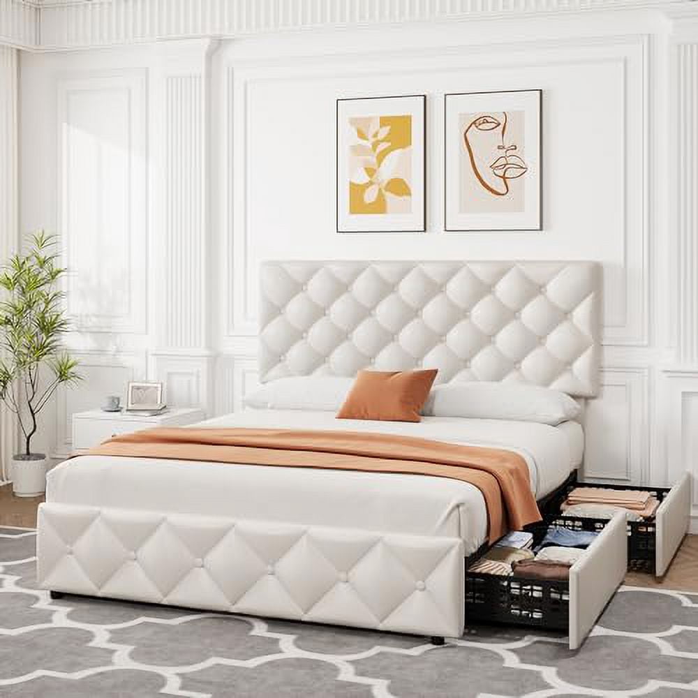 Full/Queen/King Size Bed Frame with 4 Storage Drawers and Headboard, Linen Upholstered Platform Bed Frame, Diamond Stitched Button Tufted, No Box Spring Needed, Easy Assembly
