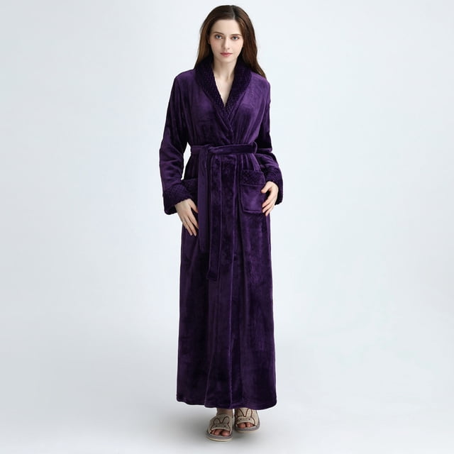 Intimates Women's Winter Solid Color Lengthened Bathrobe Splicing Home Clothes Long Sleeved Robe Coat M
