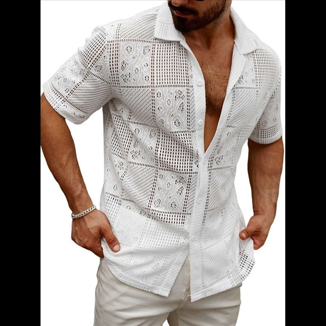 Camisas de Punto con Botones para Hombre, Camisas Vintage de Corta, Camisas Casuales de Playa para Verano. L