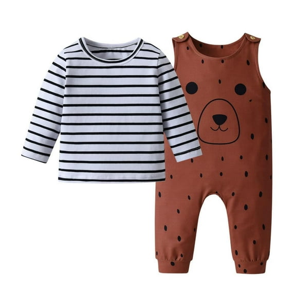 Baby Boy Clothes Animal Style Long Sleeve Stripe Tops Sleeveless Jumpsuit Pants Outfit Set Brown 3-6 Months